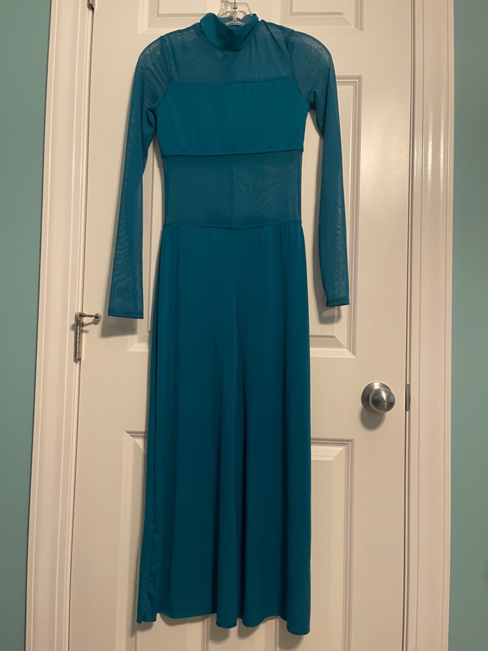 balera Teal Long-Sleeve Mesh-Panel Jumpsuit